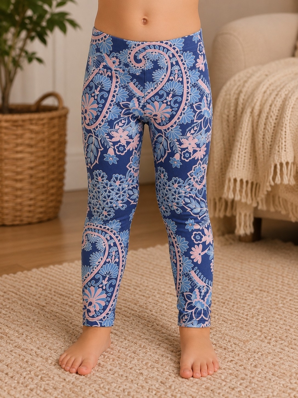 💜LuLaRoe Kids S/M Blue Pink Paisley Floral Leggings Soft Stretch 4/5